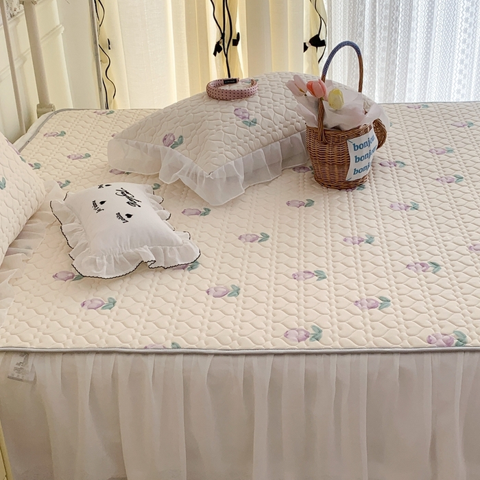 91家纺网 家纺一手货源 找家纺 昔可 2023新款单层雪纺花边乳胶凉席三件套 紫色郁金香