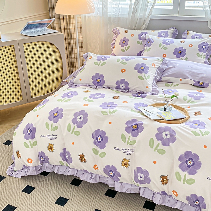91家纺网 家纺一手货源 找家纺 宇彬20223年新款13372全棉韩版刺绣花边和印花花边四件套和单被套 印花花边 花田美事-紫