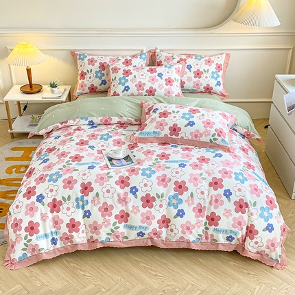 91家纺网 家纺一手货源 找家纺 宇彬20223年新款13372全棉韩版刺绣花边和印花花边四件套和单被套 刺绣花边 花儿朵朵-粉