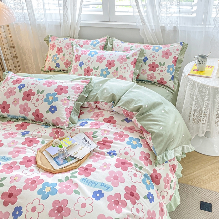 91家纺网 家纺一手货源 找家纺 宇彬20223年新款13372全棉韩版刺绣花边和印花花边四件套和单被套 印花花边 花儿朵朵-粉