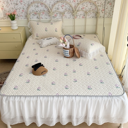 昔可 2023新款单层雪纺花边乳胶凉席三件套 紫色郁金香