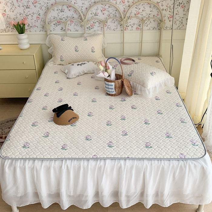 91家纺网 家纺一手货源 找家纺 昔可 2023新款单层雪纺花边乳胶凉席三件套 紫色郁金香