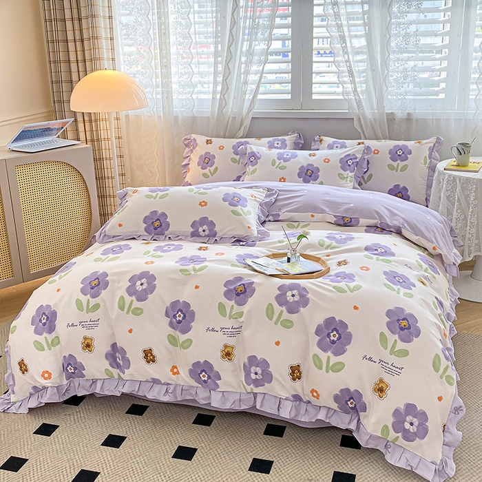 91家纺网 家纺一手货源 找家纺 宇彬20223年新款13372全棉韩版刺绣花边和印花花边四件套和单被套 印花花边 花田美事-紫