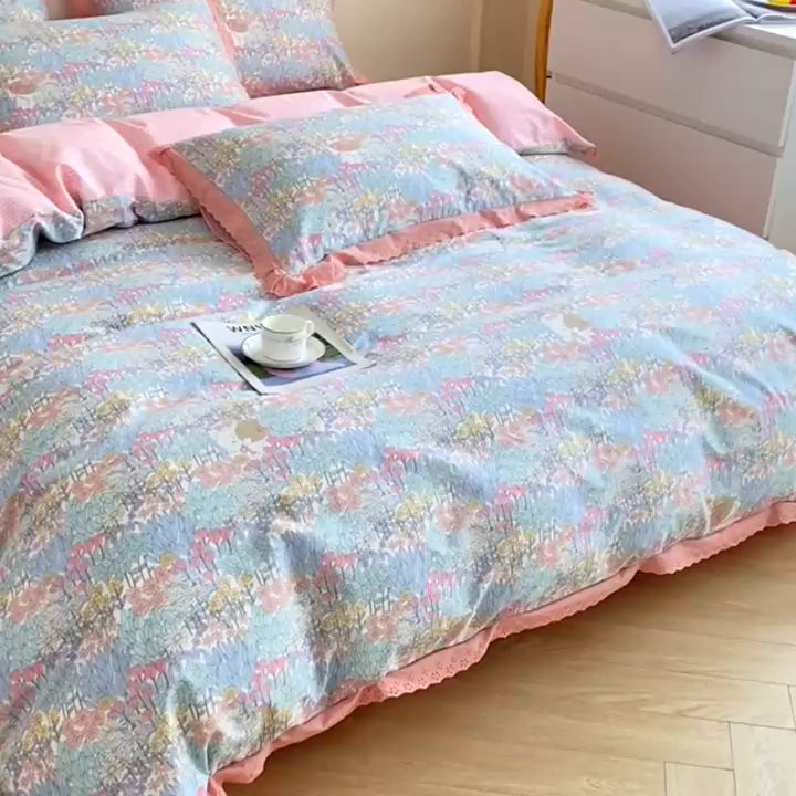 91家纺网 家纺一手货源 找家纺 宇彬20223年新款13372全棉韩版刺绣花边和印花花边四件套和单被套 刺绣花边 秋日花圃