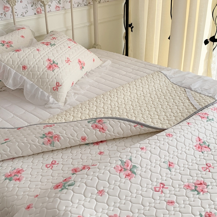 91家纺网 家纺一手货源 找家纺 昔可 2023新款单层雪纺花边乳胶凉席三件套 蝴蝶结粉花