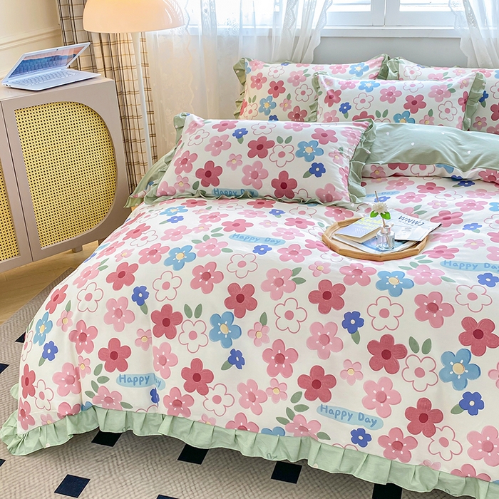 91家纺网 家纺一手货源 找家纺 宇彬20223年新款13372全棉韩版刺绣花边和印花花边四件套和单被套 印花花边 花儿朵朵-粉