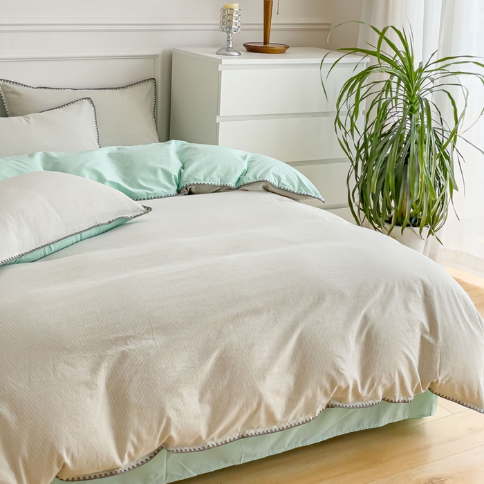 91家纺网 家纺一手货源 找家纺 金丝鸟 2023新款贝壳边A类色织全棉水洗棉简约条纹四件套 贝壳边款 简约条纹 绿