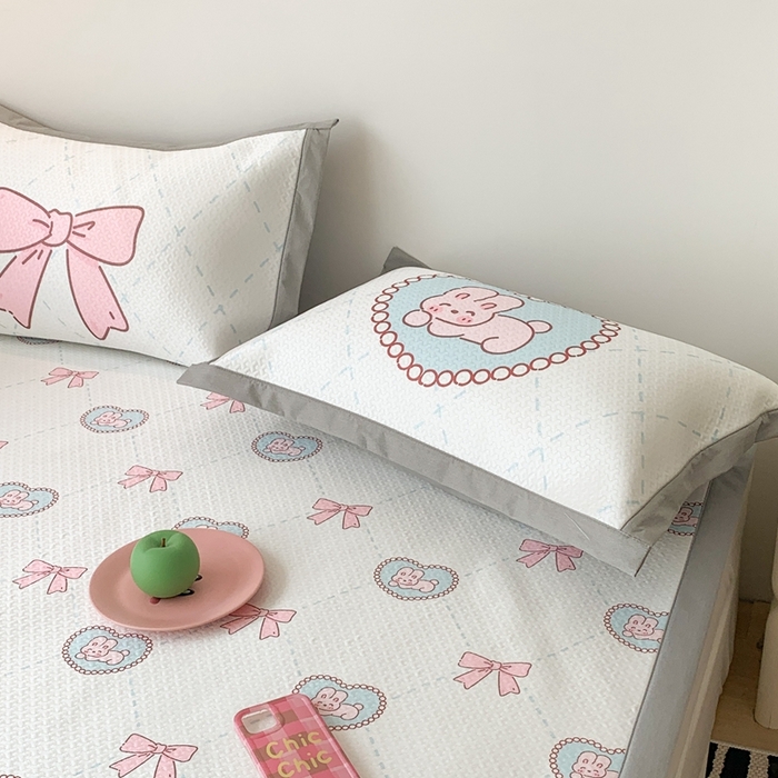 91家纺网 家纺一手货源 找家纺 昔可 2023新款凉感海洋丝针织软席三件套 爱心蝴蝶结兔