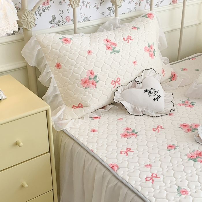 91家纺网 家纺一手货源 找家纺 昔可 2023新款单层雪纺花边乳胶凉席三件套 蝴蝶结粉花