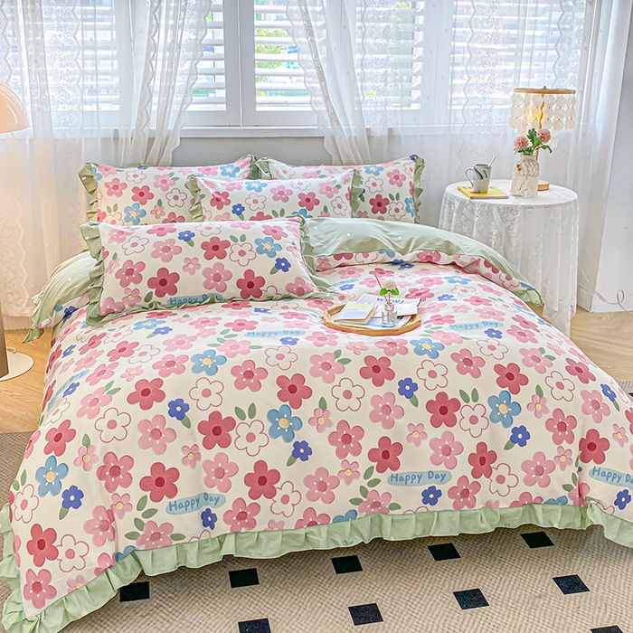 91家纺网 家纺一手货源 找家纺 宇彬20223年新款13372全棉韩版刺绣花边和印花花边四件套和单被套 印花花边 花儿朵朵-粉