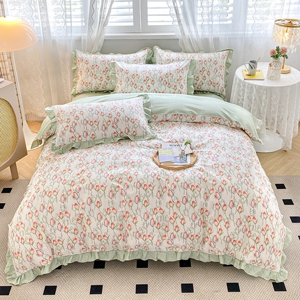 91家纺网 家纺一手货源 找家纺 宇彬20223年新款13372全棉韩版刺绣花边和印花花边四件套和单被套 印花花边 南茜花园