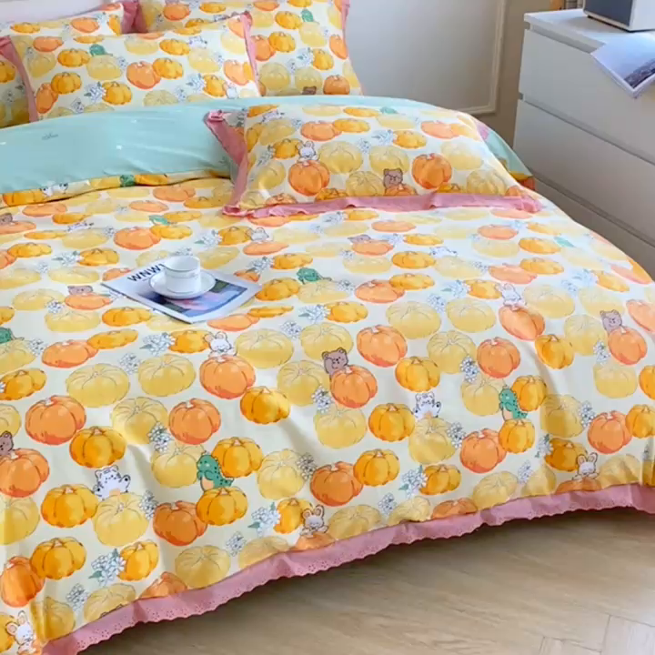 91家纺网 家纺一手货源 找家纺 宇彬20223年新款13372全棉韩版刺绣花边和印花花边四件套和单被套 刺绣花边 南瓜乐园