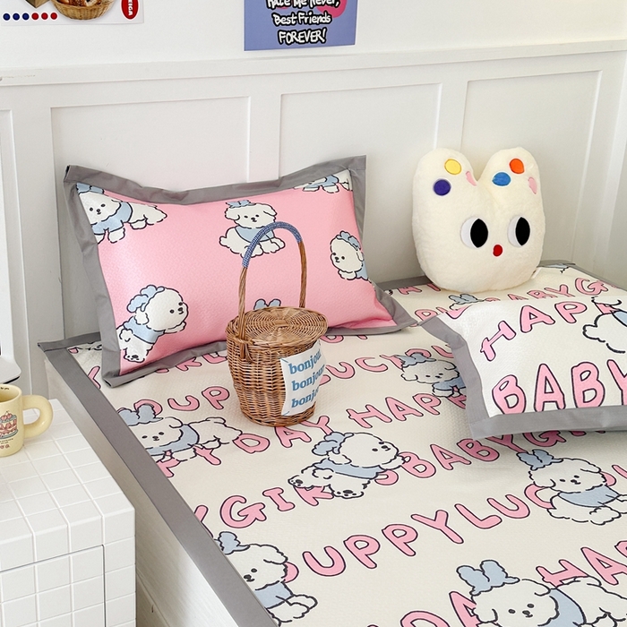 91家纺网 家纺一手货源 找家纺 昔可 2023新款凉感海洋丝针织软席三件套 粉字母狗狗