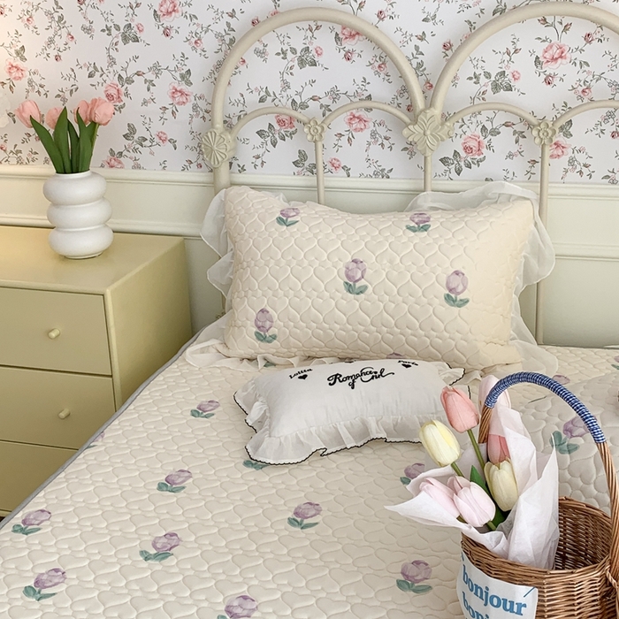 91家纺网 家纺一手货源 找家纺 昔可 2023新款单层雪纺花边乳胶凉席三件套 紫色郁金香