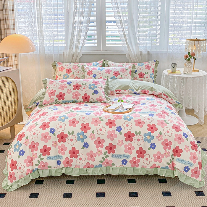 91家纺网 家纺一手货源 找家纺 宇彬20223年新款13372全棉韩版刺绣花边和印花花边四件套和单被套 印花花边 花儿朵朵-粉