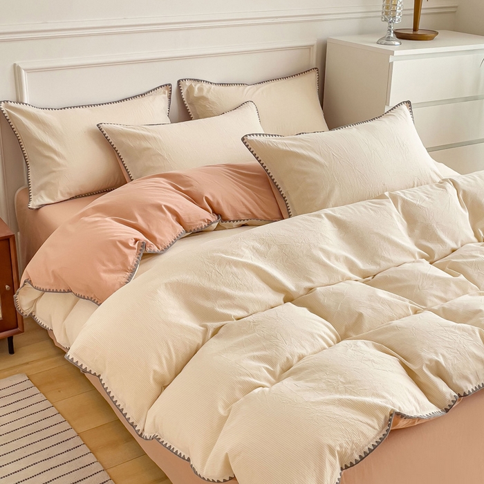 91家纺网 家纺一手货源 找家纺 金丝鸟 2023新款贝壳边A类色织全棉水洗棉简约条纹四件套 贝壳边款简约条纹咖