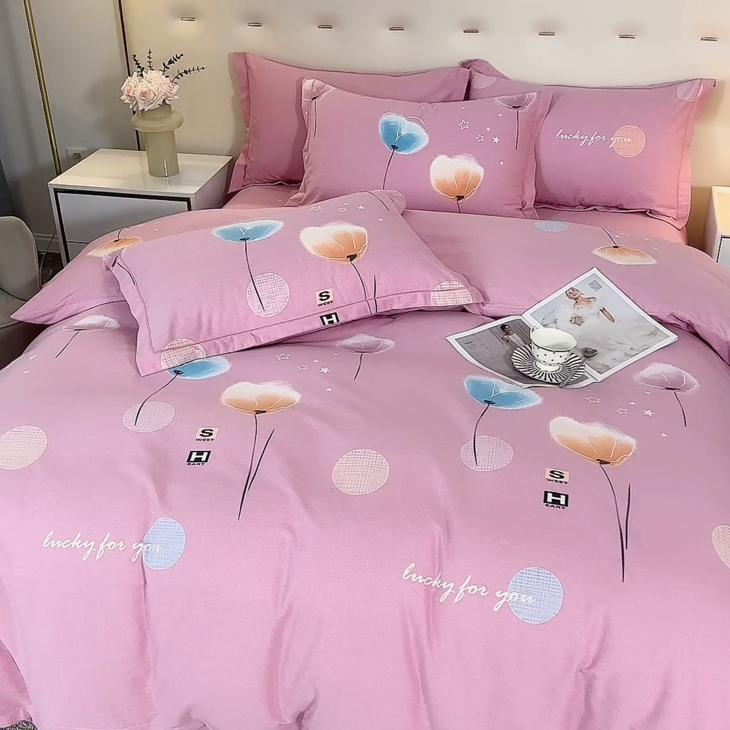 91家纺网 家纺一手货源 找家纺 喜四方 2024新款全棉磨毛全棉印花四件套 白月光-粉