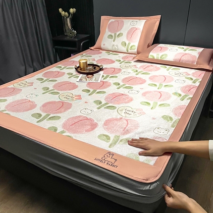 慕尚家纺 2025新款简约数码印花冰藤席平铺+床笠款 花骨朵-床笠
