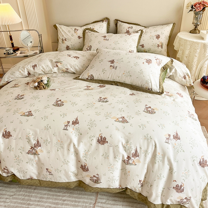 91家纺网 家纺一手货源 找家纺 蓝邻家纺2023新款复古小清晰花边四件套系列第二批 森林小鹿