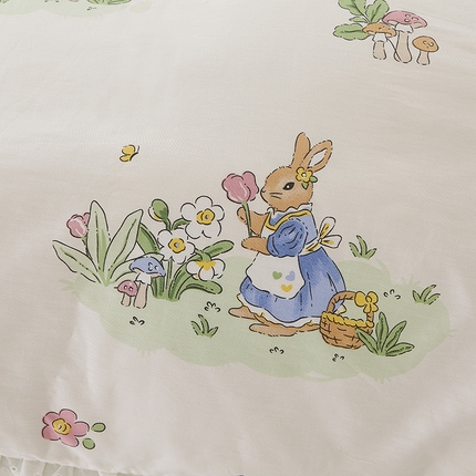 宜凡家纺 2023新款A类全棉夹棉床裙四件套 花园米兔