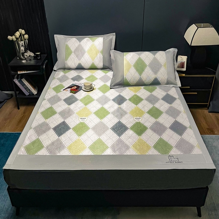 91家纺网 家纺一手货源 找家纺 慕尚家纺 2025新款简约数码印花冰藤席平铺+床笠款 流年-平铺