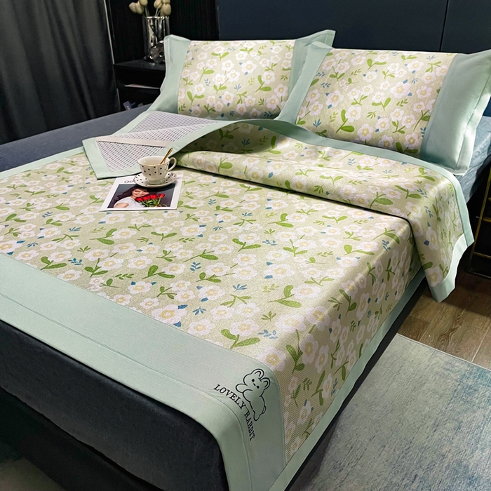 91家纺网 家纺一手货源 找家纺 慕尚家纺 2025新款简约数码印花冰藤席平铺+床笠款 小碎花-平铺