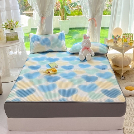 云家 2023新款3D冰豆豆凉席三件套床笠款席子凉席空调席软席 蓝爱心