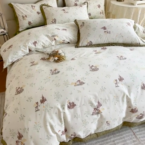 91家纺网 家纺一手货源 找家纺 蓝邻家纺2023新款复古小清晰花边四件套系列第二批 森林小鹿