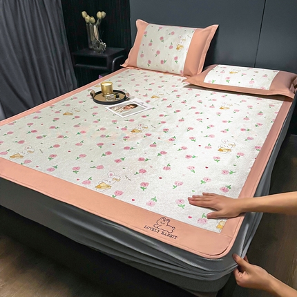 慕尚家纺 2025新款简约数码印花冰藤席平铺+床笠款 花小兔-床笠