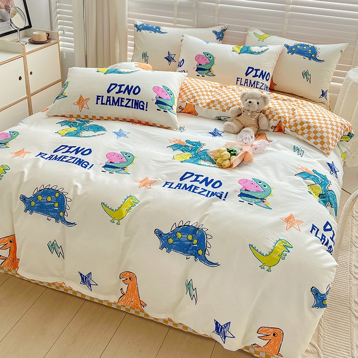 91家纺网 家纺一手货源 找家纺 梦家居2023新款小猪佩奇系列全棉四件套 恐龙乔治