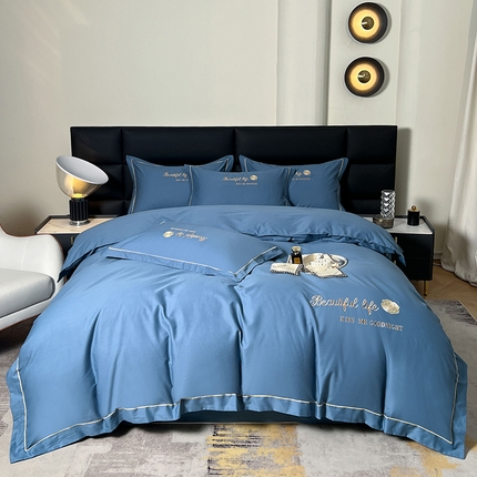 盛馨2023新款轻奢高支高密长绒棉全棉床单床笠刺绣四件套 BF-宾利蓝