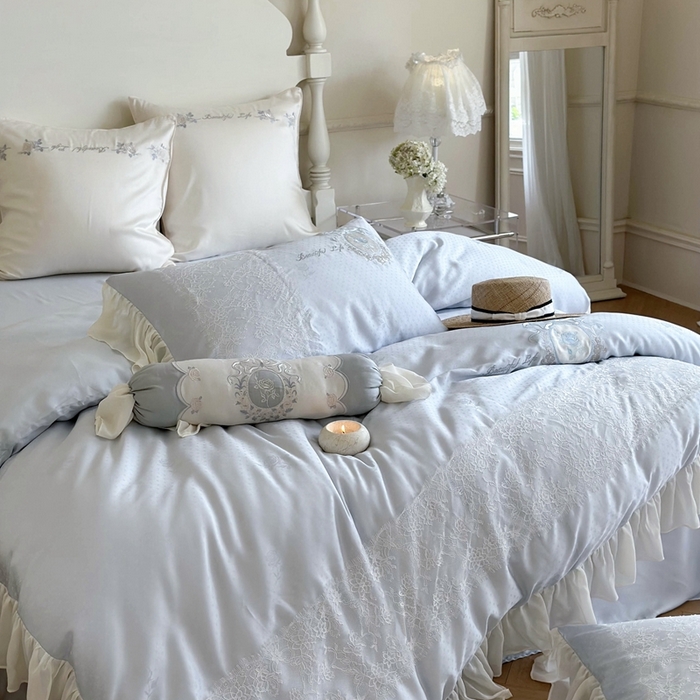 91家纺网 家纺一手货源 找家纺 MIU缪家居 2023新款80支兰精天丝（提花）波点玫瑰 蓝