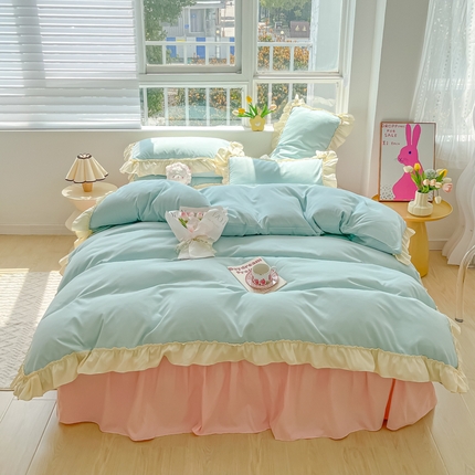 韩都家居 2023新款公主风花边双拼四件套 天蓝浅粉