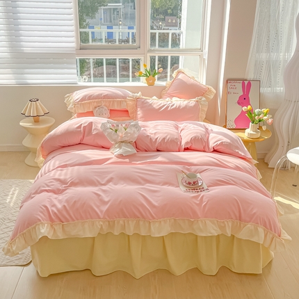 韩都家居 2023新款公主风花边双拼四件套 粉玉奶黄