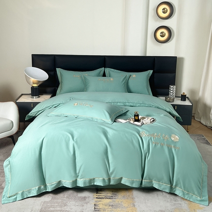 盛馨2023新款轻奢高支高密长绒棉全棉床单床笠刺绣四件套 BF-湖绿