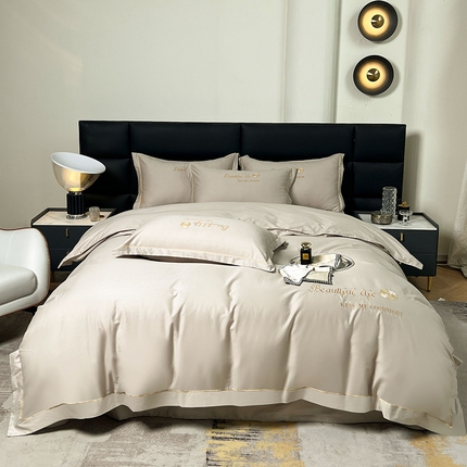 盛馨2023新款轻奢高支高密长绒棉全棉床单床笠刺绣四件套 BF-香槟金