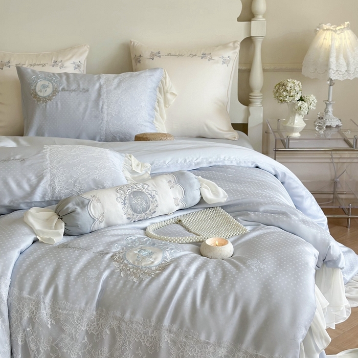 91家纺网 家纺一手货源 找家纺 MIU缪家居 2023新款80支兰精天丝（提花）波点玫瑰 蓝