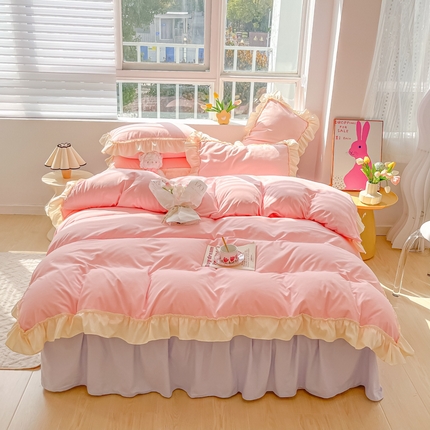 91家纺网 家纺一手货源 找家纺 韩都家居 2023新款公主风花边双拼四件套 粉玉浅紫