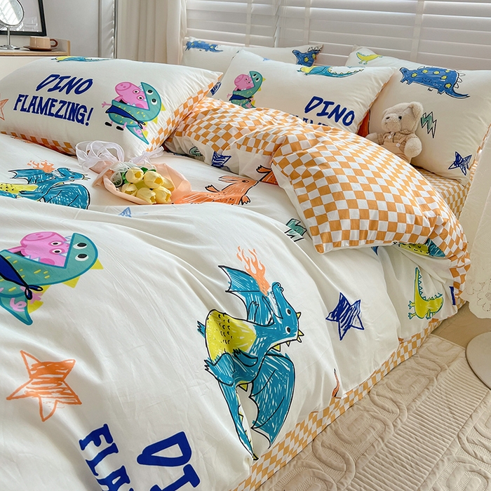 91家纺网 家纺一手货源 找家纺 梦家居2023新款小猪佩奇系列全棉四件套 恐龙乔治