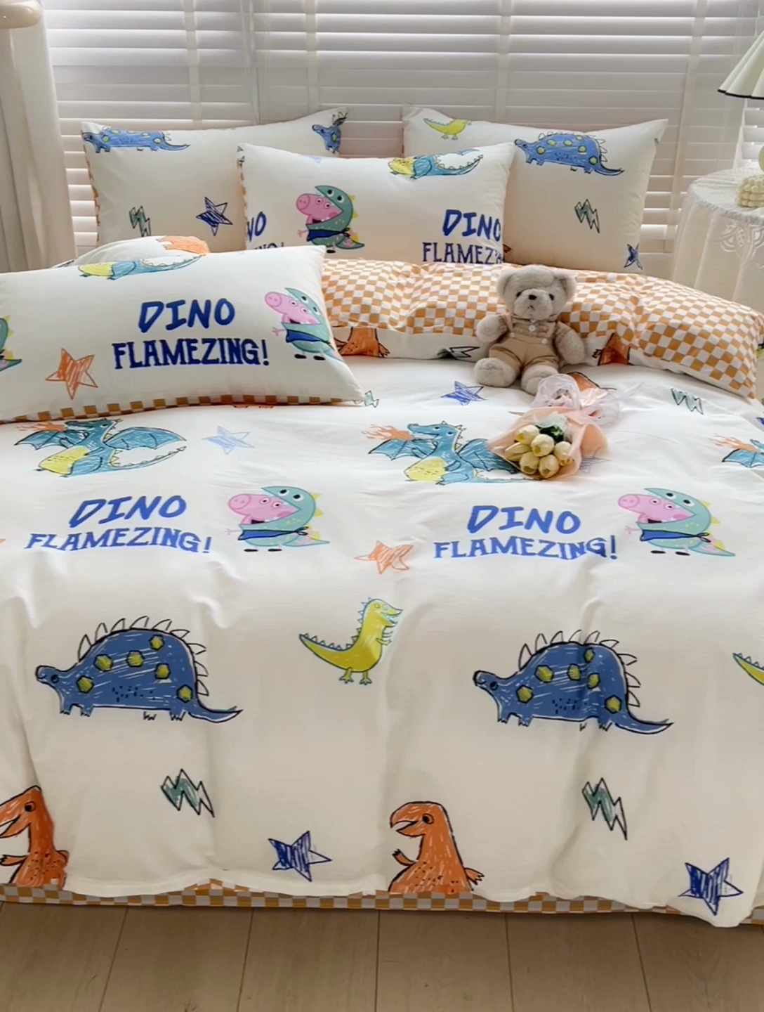 91家纺网 家纺一手货源 找家纺 梦家居2023新款小猪佩奇系列全棉四件套 恐龙乔治