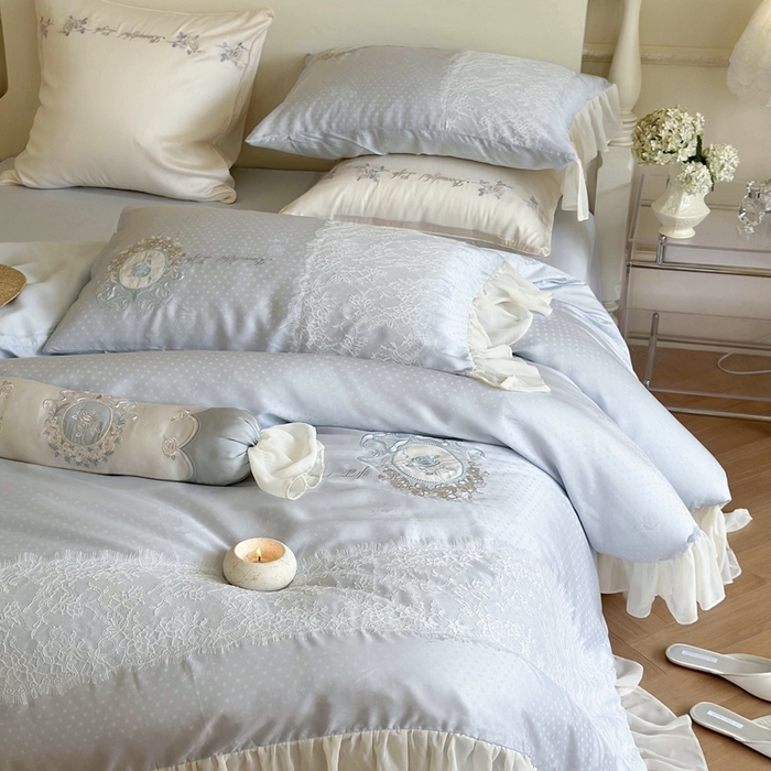 91家纺网 家纺一手货源 找家纺 MIU缪家居 2023新款80支兰精天丝（提花）波点玫瑰 蓝