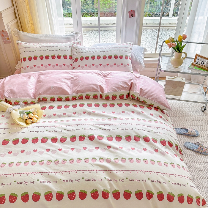 91家纺网 家纺一手货源 找家纺 清雅福 2023新款春夏13372小清新系列床上四件套 草莓冰冰