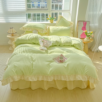 韩都家居 2023新款公主风花边双拼四件套 青绿奶黄