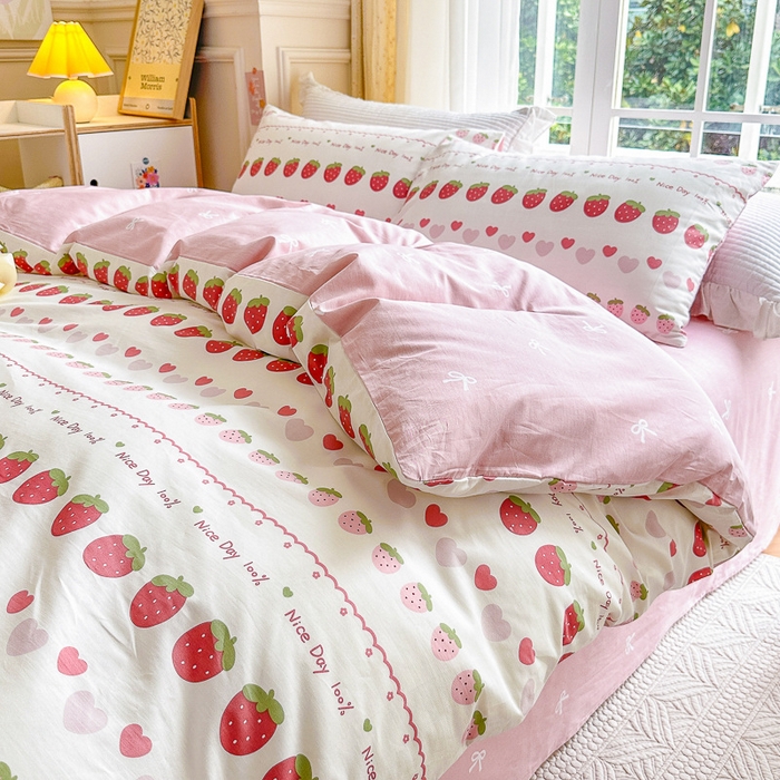 91家纺网 家纺一手货源 找家纺 清雅福 2023新款春夏13372小清新系列床上四件套 草莓冰冰