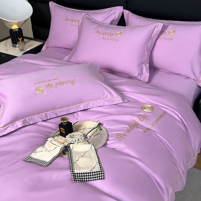 91家纺网 家纺一手货源 找家纺 盛馨2023新款轻奢高支高密长绒棉全棉床单床笠刺绣四件套 BF-紫