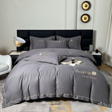盛馨2023新款轻奢高支高密长绒棉全棉床单床笠刺绣四件套 BF-深灰