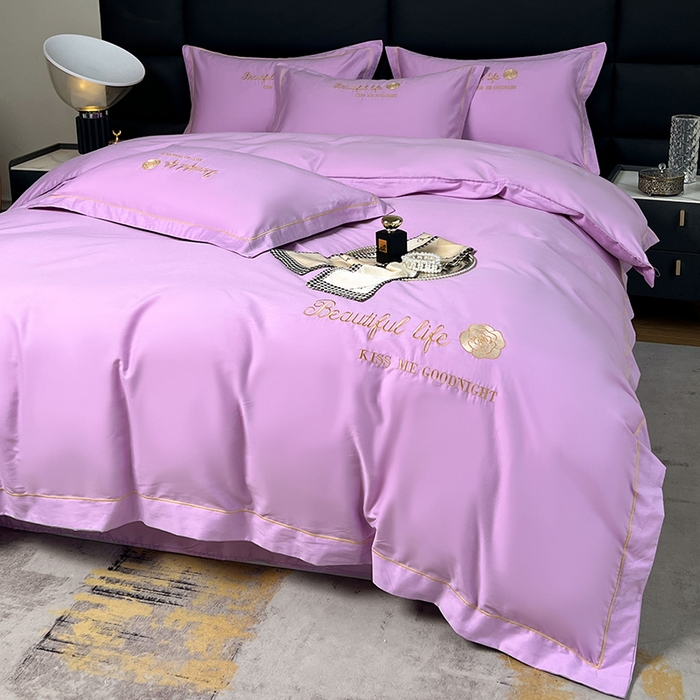 91家纺网 家纺一手货源 找家纺 盛馨2023新款轻奢高支高密长绒棉全棉床单床笠刺绣四件套 BF-紫