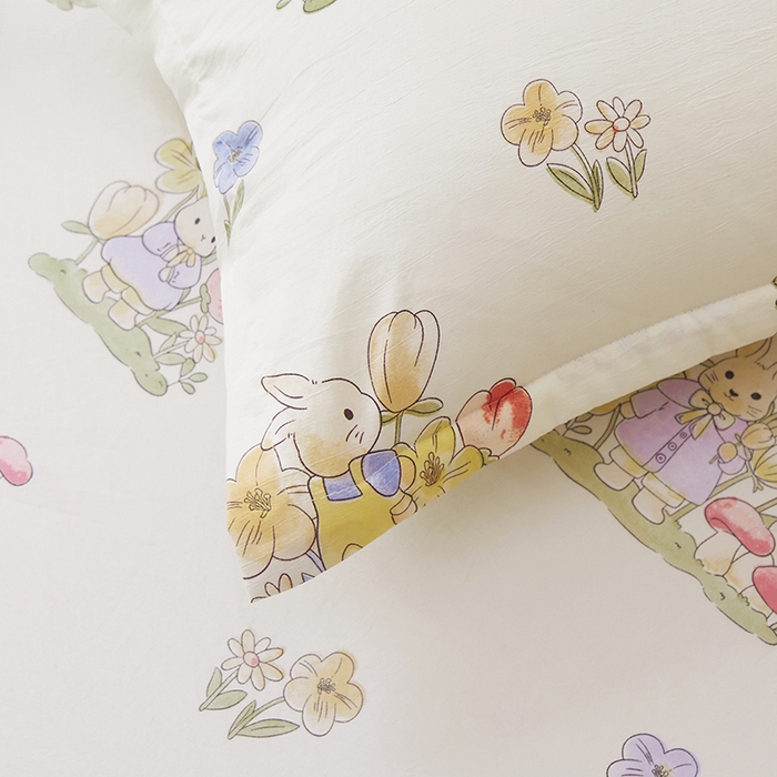 91家纺网 家纺一手货源 找家纺 梦舒羽 2025新款水洗棉麻单人宿舍亲肤枕套 花中兔