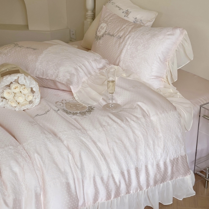 91家纺网 家纺一手货源 找家纺 MIU缪家居 2023新款80支兰精天丝（提花）波点玫瑰 粉