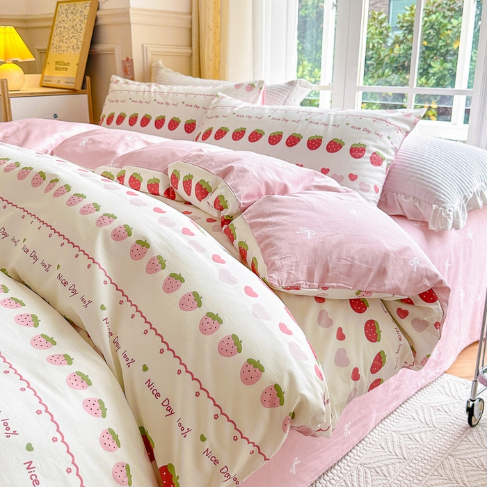 91家纺网 家纺一手货源 找家纺 清雅福 2023新款春夏13372小清新系列床上四件套 草莓冰冰